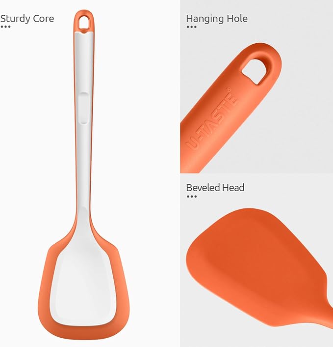 600쨘F Heat Resistant Silicone Turners: U-Taste 13.6in Long Solid & Slotted Kitchen Spatula Flipper, Large Flexible Cooking Utensil for Flipping Egg, Pancake in Nonstick Cookware(Orange, 2PCS)