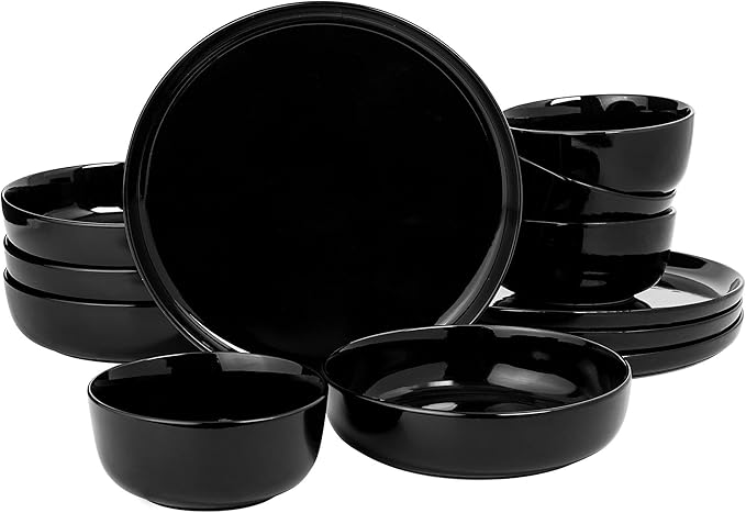 Gibson Home Oslo 12-Piece Porcelain Chip and Scratch Resistant Dinnerware Set, Service for 4 ??Black Plates and Bowls, Microwave & Dishwasher Safe