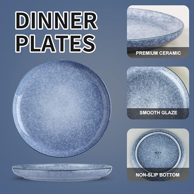 KOOV Ceramic Dinner Plates - Set of 6, 10.25 inch Reactive Glazed Blue Porcelain Plates for Salad, Pasta, Restaurant, Kitchen Serving Dish Set
