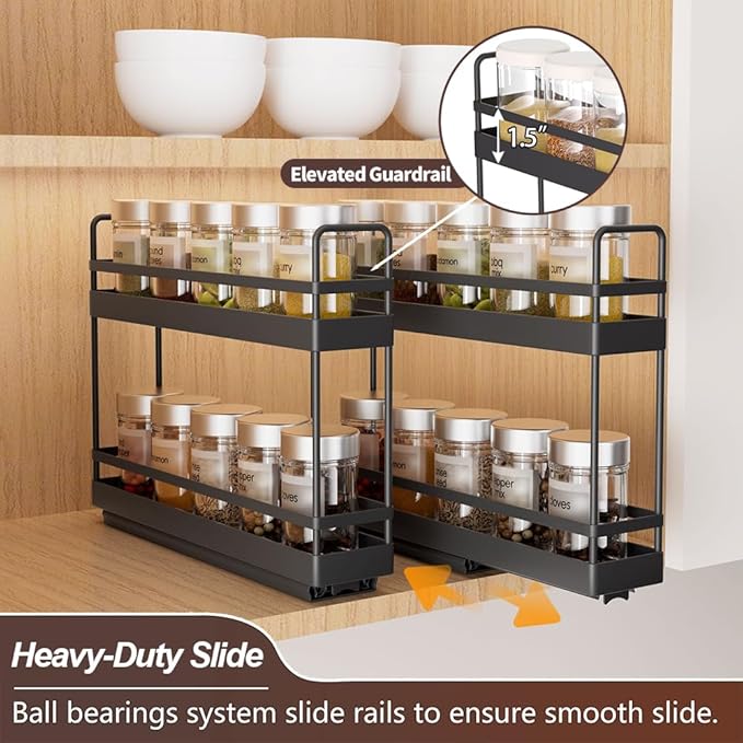 Finnhomy Pull Out Spice Racks for Inside Cabinets, Whole Metal Manufacturing, Vertical Spice Rack Pull Out, Spice Organizer, 2.16" W 횞 10.39" D 횞 9.76" H, 2 Drawers & 2 Tiers, 2 Pack, Black