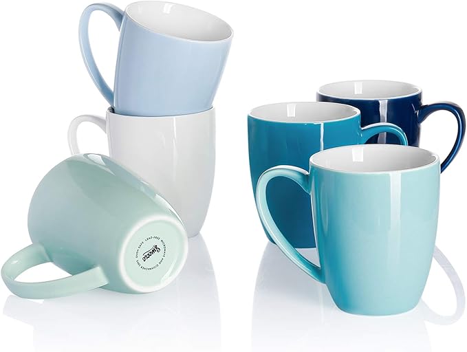 Sweese Porcelain Coffee Mugs - 12 Ounce - Set of 6, Cups for Latte, Hot Tea, Cappuccino, Mocha, Cocoa, Multicolor, Blue Assorted Colors