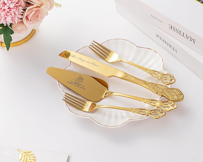 Cake Cutting Set for Wedding, Gold Wedding Cake Knife and Server Set, 4 Pieces pizza spatula and Knife with Forks for Engagements, Anniversaries