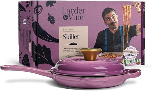 Chef Joe Sasto Small Skillet with Lid, Enameled Cast Iron, Small Frying Pan for Eggs, Omelets & Single Servings, Sweet Treats, Professional Cookware, Induction Compatible, Oven & Dishwasher Safe