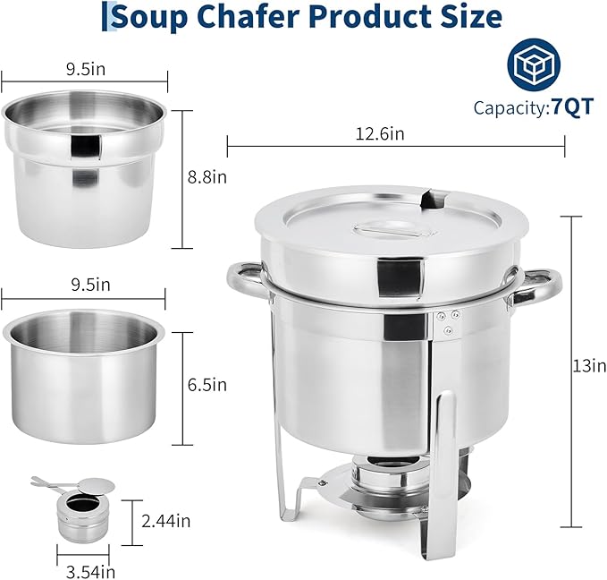 Garvee 7QT Commercial-Grade Soup Chafer Set of 4, Stainless Steel Round Food Warmers with Pots, Notched Lids & Fuel Holders, Commercial Buffet Equipment for Large Banquet Service & Buffet Catering