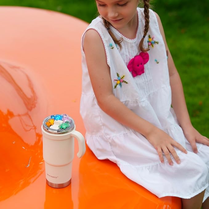 SILICANICE Kids - 24oz Insulated Tumbler - Removable Flip Spout & Straw Water Bottle With Durable handle, Base & Lid, Leak proof, Perfect for School, Sports, Lunch, Travel & Camp- Cream