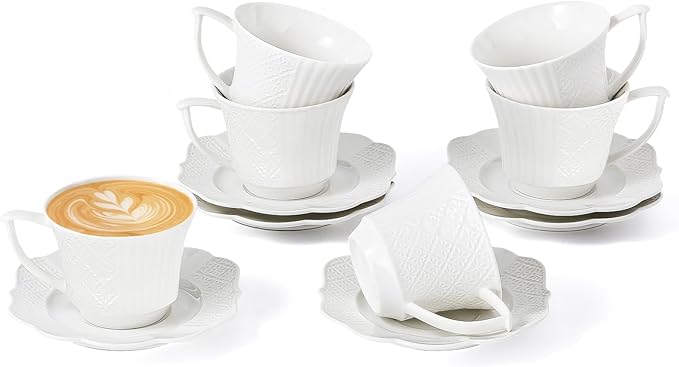 12 Pieces 6 oz Tea Cup and Saucer Set, Cappuccino Latte Americano Coffee Cup with Saucer Set of 6, Espresso Double Shot Cup, New Bone Porcelain Embossment Tea Cups, for Cafe Kitchen, Gift Idea, White