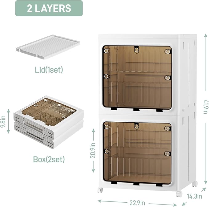 JEKO&JEKO Expanded Narrow Bathroom Storage Cabinet, 2-Tier Tall Cabinet Organizer with Wheels, Foldable Plastic Storage for Kitchen, Laundry Room or Home, White