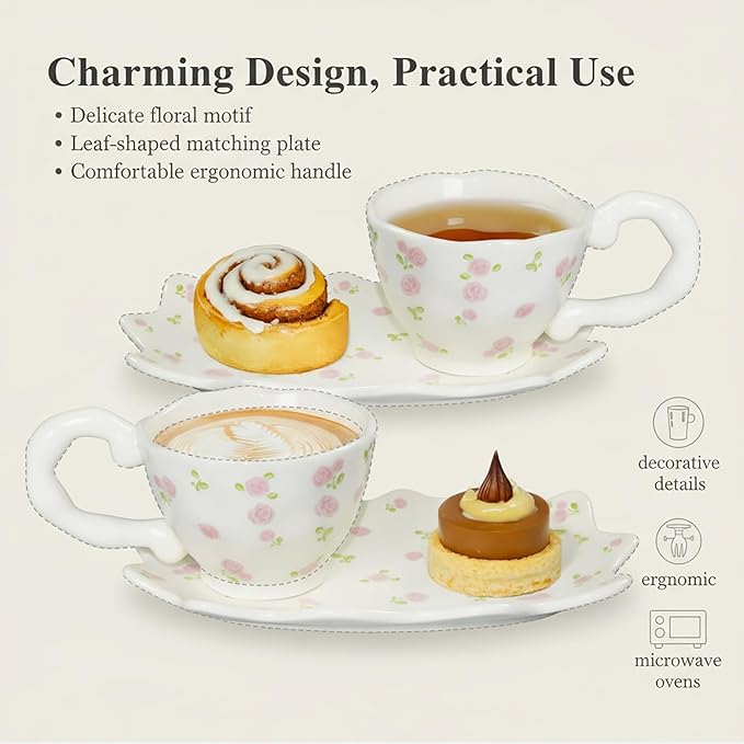 Unique Ceramic Tea Cup and Saucer Set, Coffee Mug, Cup and Saucer Set, Cute Fancy Girly Afternoon Tea Set Purse Gift, 5.4 oz/160 ml Vintage Style, For Women and Tea Parties, Pink flowers