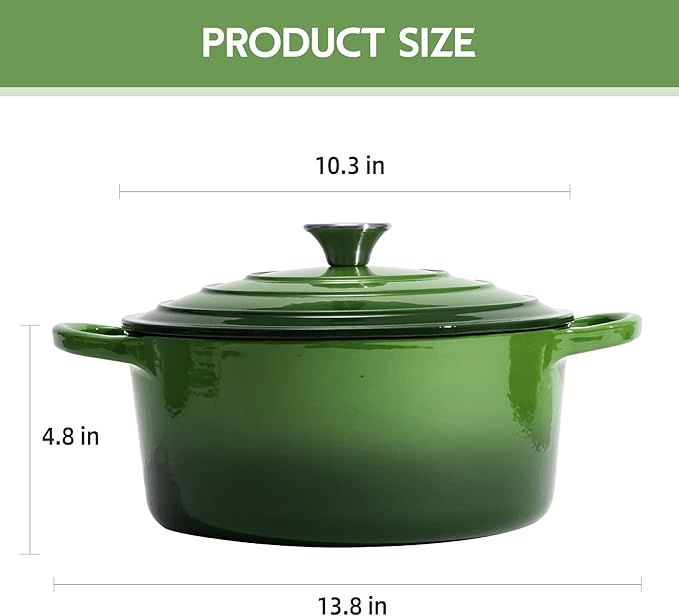 6 Quart Dutch Oven Enameled Cast Iron with Lid - Big Dual Handles - Oven Safe up to 500째F - Classic Round Pot for Versatile Cooking (Green, 6 QT)