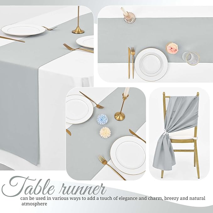 12 Pack Light Grey Table Runner 9FT Polyester Table Runners,12x108 inch Rustic Farmhouse Table Runner, Washable and Reusable Table Runners for Wedding Birthday Parties Banquet Table Decorations