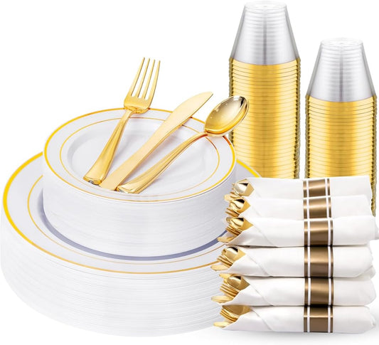 175PCS White and Gold Plastic Plates - Christmas Plates with Rolled Napkins for Party - 25Guest Disposable Dinnerware Sets for Party/Wedding/Valentine's Day