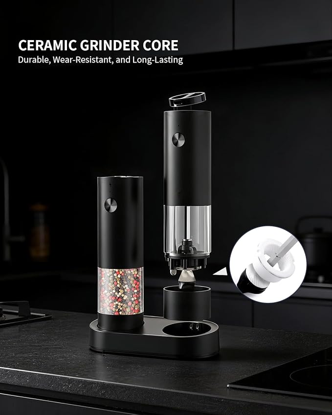 CIRCLE JOY Electric Salt and Pepper Grinder Set with 2-in-1 Charging & Storage Base, Rechargeable Automatic Pepper Mill, Adjustable Coarseness, LED Light, 140ml Capacity