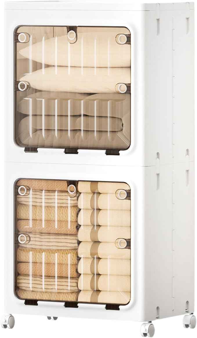 JEKO&JEKO Expanded Narrow Bathroom Storage Cabinet, 2-Tier Tall Cabinet Organizer with Wheels, Foldable Plastic Storage for Kitchen, Laundry Room or Home, White