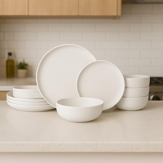 Furrnook 12-Piece Stoneware Dinnerware Set with Mugs | Microwave and Dishwasher Friendly | Stackable Matte Glaze Plates & Bowls | Service for 3 (White for 4)