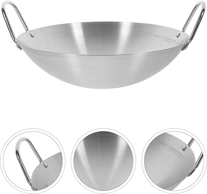 STOBOK Stainless Steel Wok Pan 10 Inch Round Bottom Double Handle Frying Pan for Stir-Frying Sauteing and Cooking on Induction and Gas Cooktops