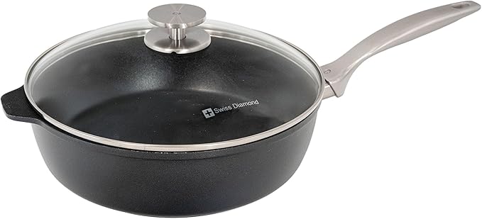 Swiss Diamond Nonstick Hybrid Ceramic and Diamond-Infused Deep Saute Pan With Glass Lid, PFAS- and PFOA-free, Dishwasher & Oven Safe Up To 500 째F (3.8 Quart)