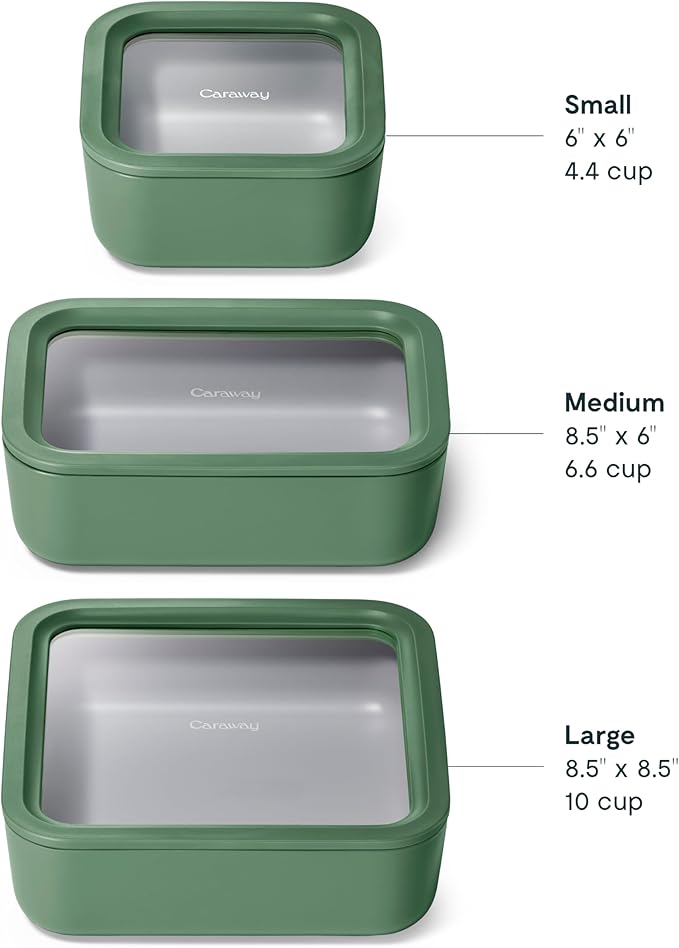 Caraway 3pc Glass Food Storage Set ??10 Cup, 6.6 Cup, & 4.4 Cup Food Containers - Ceramic Coated - Non Toxic Non Stick Lunch Box with Glass Lids - Dishwasher, Oven, & Microwave Safe - Sage