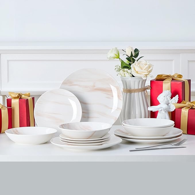 Bestone 12 Pieces Round Kitchen Dinnerware Sets,Plates and Bowls sets,Dishes, Plates, Bowls, Dish Set竊똏lates and Bowls,Service for 4, Orange and White Marble