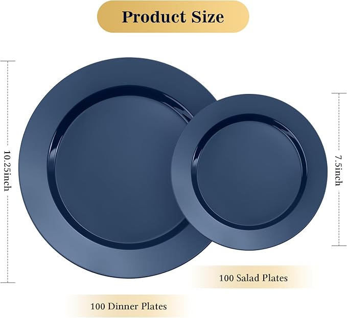Goodluck 200PCS Navy Blue Plastic Plates, Heavy Duty Disposable Clear Plates with 100 10.25 inch Dinner Plates and 100 7.5 inch Dessert Plates for Party, Holiday, Wedding, Thanksgiving