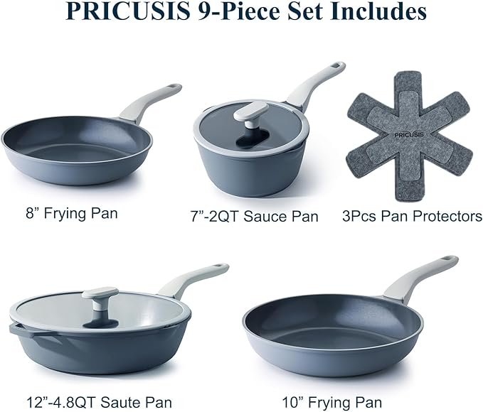 PRICUSIS Ceramic Nonstick Pots and Pans Set, 9 Pieces Non Toxic Induction Cookware Set, PTFE PFOA & PFAS Free, Dishwasher Safe, Stay Cool Handle, Gray