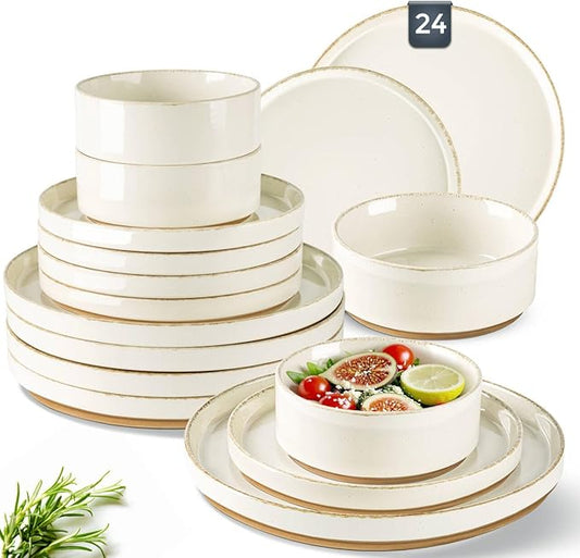 AmorArc Ceramic Dinnerware Sets for 8, 24 Pieces Handpainted Plates and Bowls Set with Rustic Terracotta Underside, Scratch Resistant Stoneware Dishes Set, Dishwasher & Microwave Safe