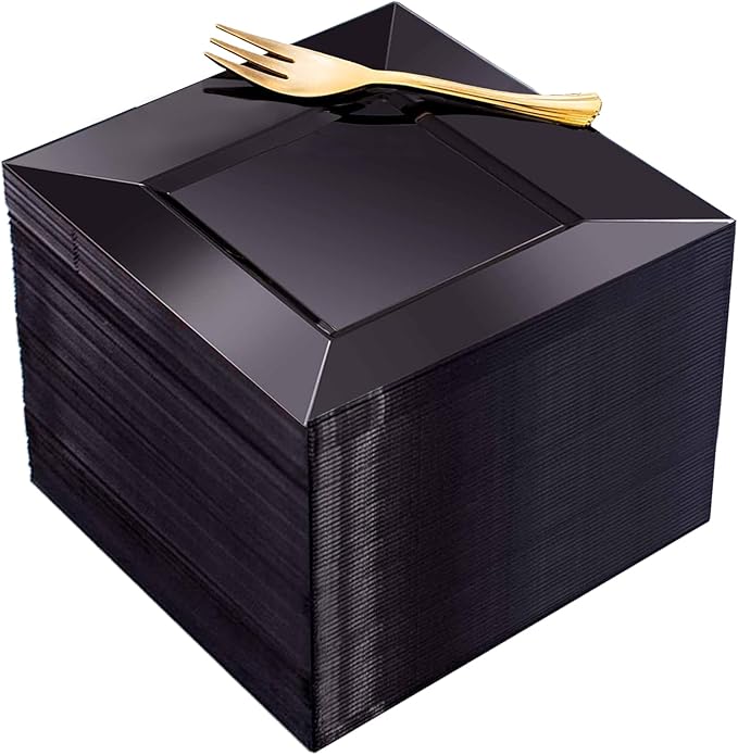 supernal 200pcs Black New Years Dessert Plates with 100pcs Gold Dessert Forks,100pcsElegant Appetizer Salad Plastic Plates,Black Square Cake Plates for Party,Birthday, Wedding,Afternoon Tea