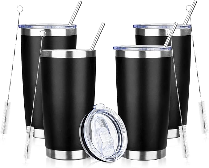 ATIKZHE 20oz Tumbler with Straw and Brush, Stainless Steel Vacuum Insulated tumbler, Double Wall Insulated Coffee Tumbler for Outdoor, Home, Travel,Office (Black,4pcs)