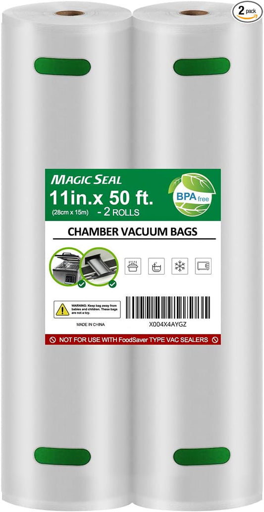 MAGIC SEAL 11'' x 50' Chamber Vacuum Sealer Rolls - 2 Pack Chamber Machine Food Storage Bags for Meal Prep & Sous Vide, Commercial Grade BPA Free, Non-Textured