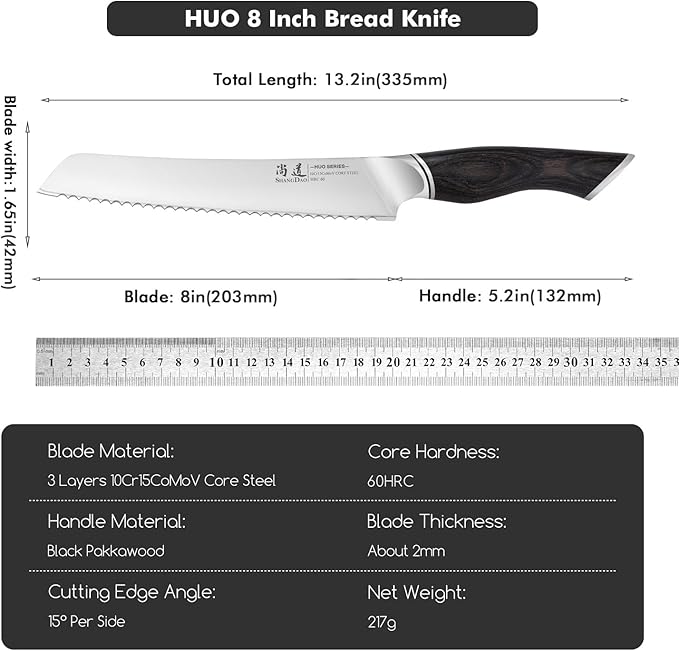 SHANGDAO Serrated Bread Knife 8 Inch - 3 Layers VG10 Alloy Steel Blade for Effortless Slicing of Bread, Cakes & Pastries - Comfortable Grip Non-Stick Design with Pakkawood Handle