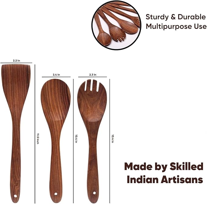 AURUM Wooden Spatula Spoons Set for Cooking & Serving | Teak Wood Spatulas Utensil Set for Nonstick Pans & Cookware (Set of 3)
