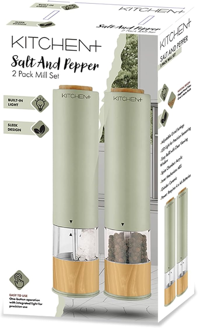 Living+ Electric Salt and Pepper Grinder Set ??Automatic Battery Salt & Pepper Mills with Adjustable Grind, Built-In Light, Sleek Matte + Wood Trim Design, Easy Refill, Durable Ceramic Spice Grinder