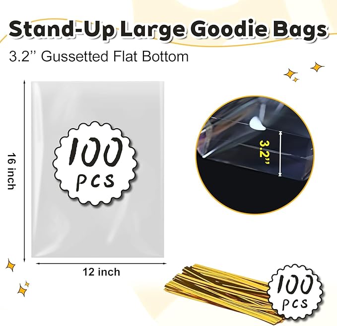 PigPotParty Cellophane Bags 12"x16", 100 Pack Clear Gift Bags, Bottom Gusset for Stand-Up Display, Medium Plastic Cellophane Gift Wrap, Ideal for Large Goodies, Treats, Favors, Mugs, Includes 100 Ties
