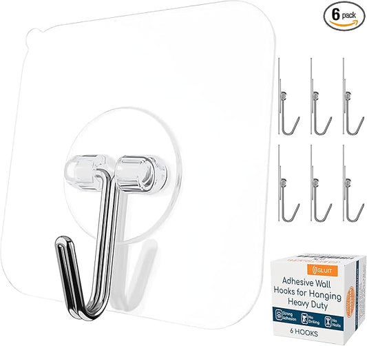 GLUIT Adhesive Wall Hooks for Hanging Heavy Duty 22 lbs Hooks for Walls No Damage, Towel Sticky Clear Hook, Waterproof, Home, Bathroom, Kitchen, Office, and Outdoor 6 Pack