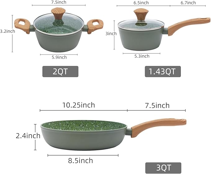 3-Piece Nonstick Cookware Set, 10.25 Inch Frying Pan & 2 Pots with Lids | PFAS & PFOA Free Non-Toxic Coating | Induction Compatible, Dishwasher Safe | Pots and Pans Set for Beginner Kitchen