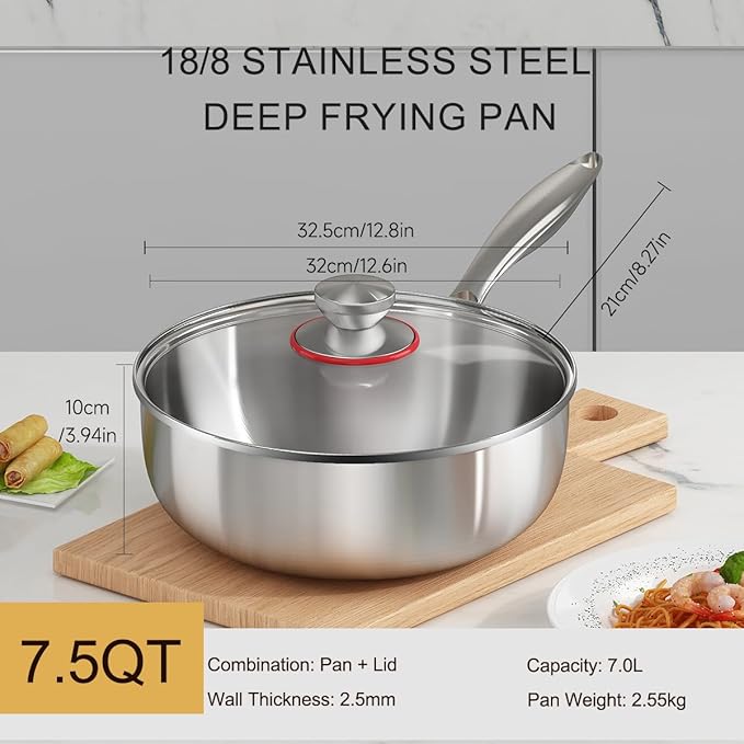 Tri-ply Stainless Steel Saute Pan 7.5-Quart with Clear Lid Deep Frying Pan for Chef's Cooking Wok Induction Oven Dishwasher Safe, Compatible with All Cooktops(Detachable Handle, 13Inch)