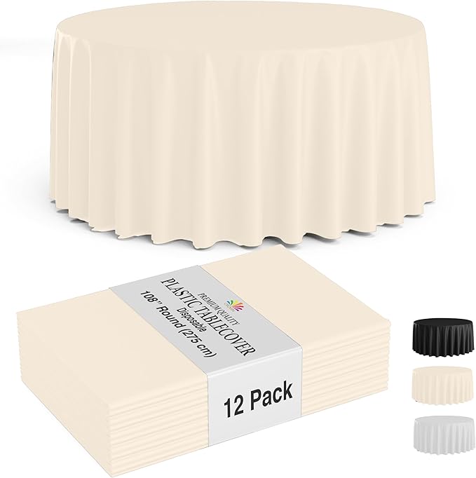 Party Solids 12-Pack Ivory Round Plastic Tablecloth Disposable ??Size: 108 Inches ??Round Plastic Table Cloths for Parties, Picnics & Formal Events