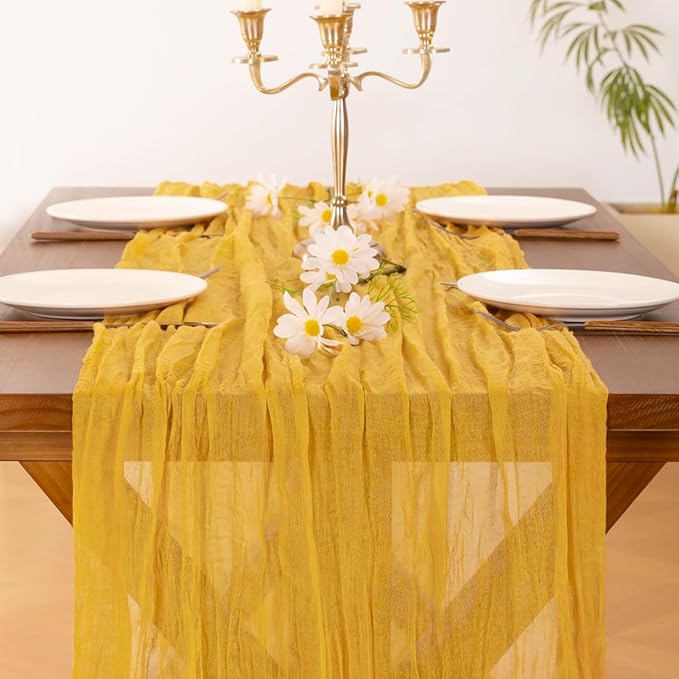 Socomi 10pcs Gold Yellow Cheesecloth Table Runner Boho Rustic Gauze 120 inch 10FT Cheese Cloth Runner for Wedding Party Baby Shower Birthday Home Decor Holiday Decorations