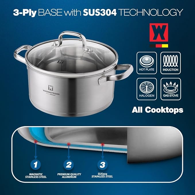 3.78-Quart Stainless Steel Stock Pot with Tempered Glass Lid, 3-Ply Construction, Ergonomic Handles, Compatible with All Cooktops, BPA Free (8.46" Diameter)