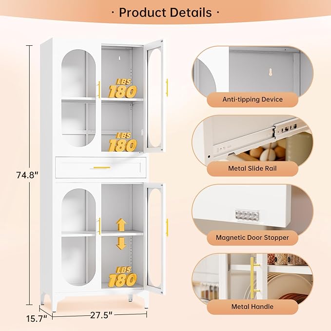75" Tall Kitchen Pantry Cabinet,Metal Storage Cabinets with 4 Glass Doors and 1 Drawer,Freestanding Display Cupboard for Dining Room,Living Room,Hallway,Bathroom,White