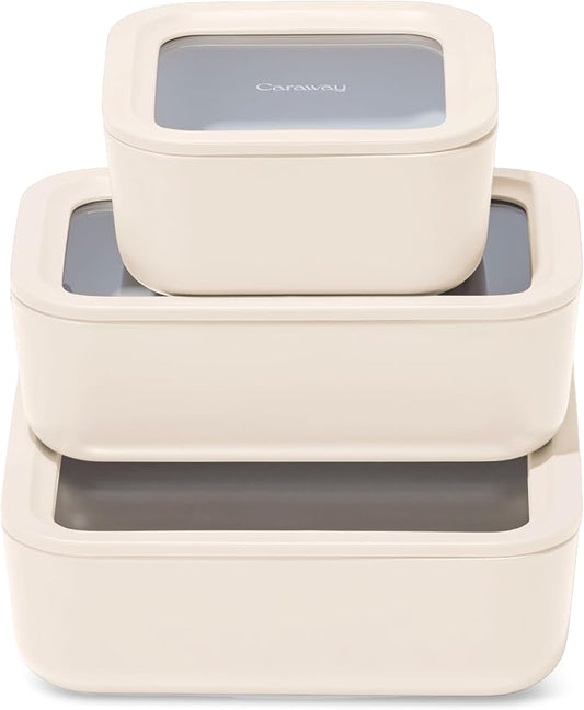 Caraway 3pc Glass Food Storage Set ??10 Cup, 6.6 Cup, & 4.4 Cup Food Containers - Ceramic Coated - Non Toxic Non Stick Lunch Box with Glass Lids - Dishwasher, Oven, & Microwave Safe - Cream