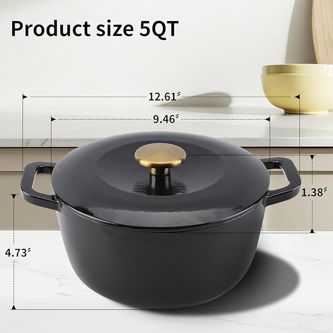 Enamel Cast Iron Dutch Oven with Lid,Dual Handles,Heavy-Duty Cookware for Sourdough Bread Baking,Braising,Stews,Roasting,Oven Safe up to 500째 F,5QT,black