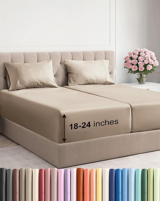Extra Deep Pocket Split King Sheets - 5 Piece Breathable & Cooling Bed Sheets - Hotel Luxury Bed Sheet Set - Soft, Wrinkle Free & Comfy - Easily Fits Extra Deep Mattresses - Deep Pocket Cream Sheets