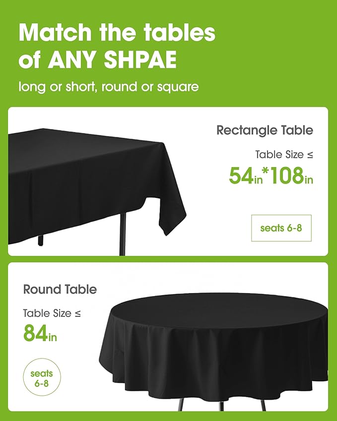 Pureegg Plastic Table Cloth Disposable 12 Pack, 54 x 108 Inch Table Cloths, Party, Picnic, Halloween, Decorative Tablecloths, Rectangle, White Plastic Cover, Leakproof & Sturdy, Black