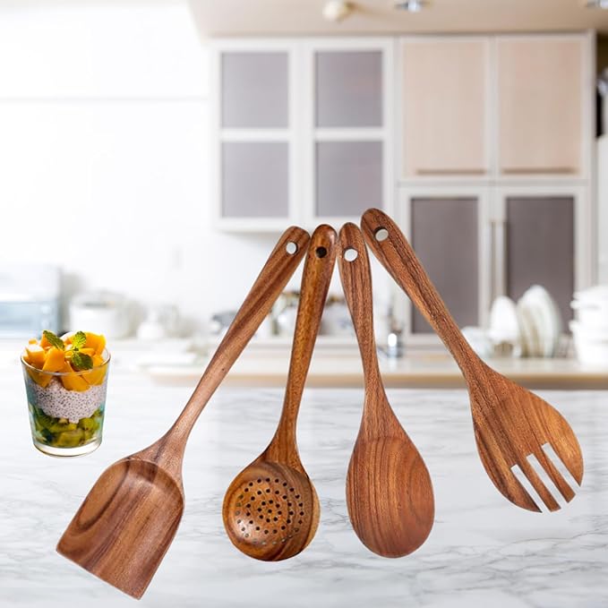 Premium Teak Wood Kitchen Utensils Set - 4 Pcs Wooden Spoons for Cooking - Non-stick Wooden Spatula - Heat Resistant - Non Toxic Kitchen Utensils - Home Cook or Chef's Gift -