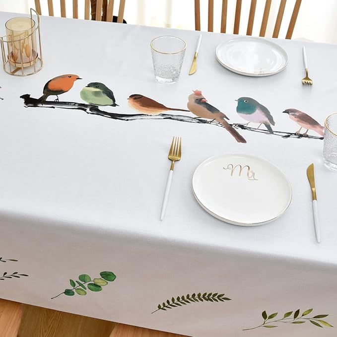 LOHASCASA Oilcloth Tablecloth Spill Proof Plastic Vinyl PVC Wipeable Waterproof Rectangular Tablecloth Stain Resistant Vintage Camping for Picnic Table Summer White Bird 54x78 Inch