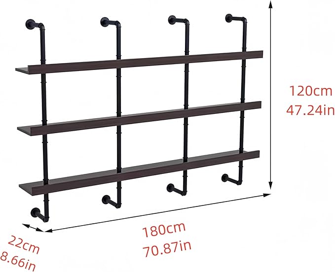 71 Inch Large Wall Mounted Wine Rack, 3 Tier Industrial Pipe Shelf Rustic Wood Floating Shelves, Wall Bar Shelves for Liquor Bottles Display Storage Organizer for Dining Room(Natural, No Lights)