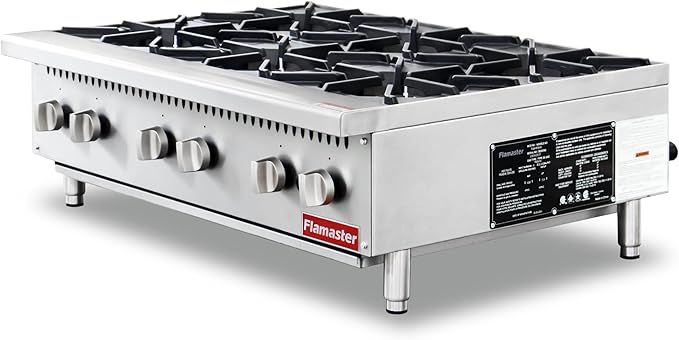 6 Burner Commercial Hot Plate, 36" Countertop Gas Stove Stainless Steel Natural Gas Range with Propane Conversion Kit Cooking Equipment for Restaurant Kitchen-150000 BTU