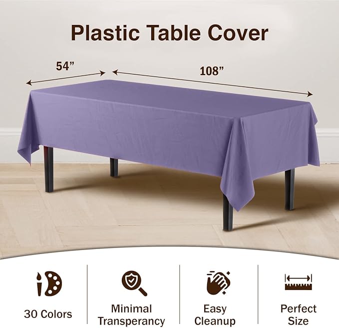 Party Solids Pack Of 6 Premium Plastic Tablecloth 54 Inch x 108 Inch Rectangle Plastic Table Cover - Lavender