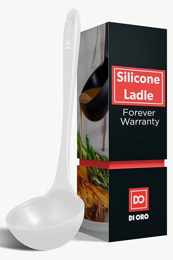 DI ORO Silicone Ladle ??Soup Ladle for Cooking & Serving Heat-Resistant - Large Kitchen Soup Ladle Nonstick Cookware Safe - Soup Serving Spoon with Wide Bowl - Silicone Utensil Dishwasher Safe (Stone)
