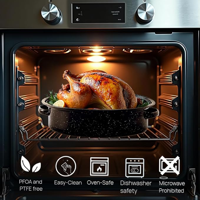 19??Turkey Roasting Pan Enamel Oval Granite Large Roaster Pan with Lid with 17in Inner Diameter Large Capacity Suitable for Thanksgiving Enamel Cook Ware Dishwasher Compatibility Oven Christmas Gift